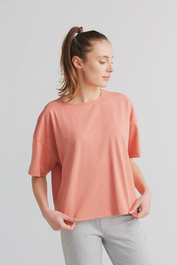 1220-053 | Damen Flammé lockeres T-Shirt - Lachsrot