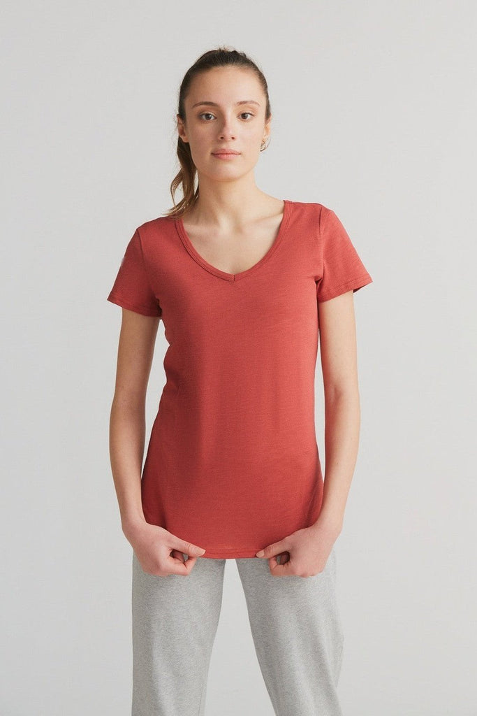 1223-052 | Damen Flammé V-Neck T-Shirt - Terracotta