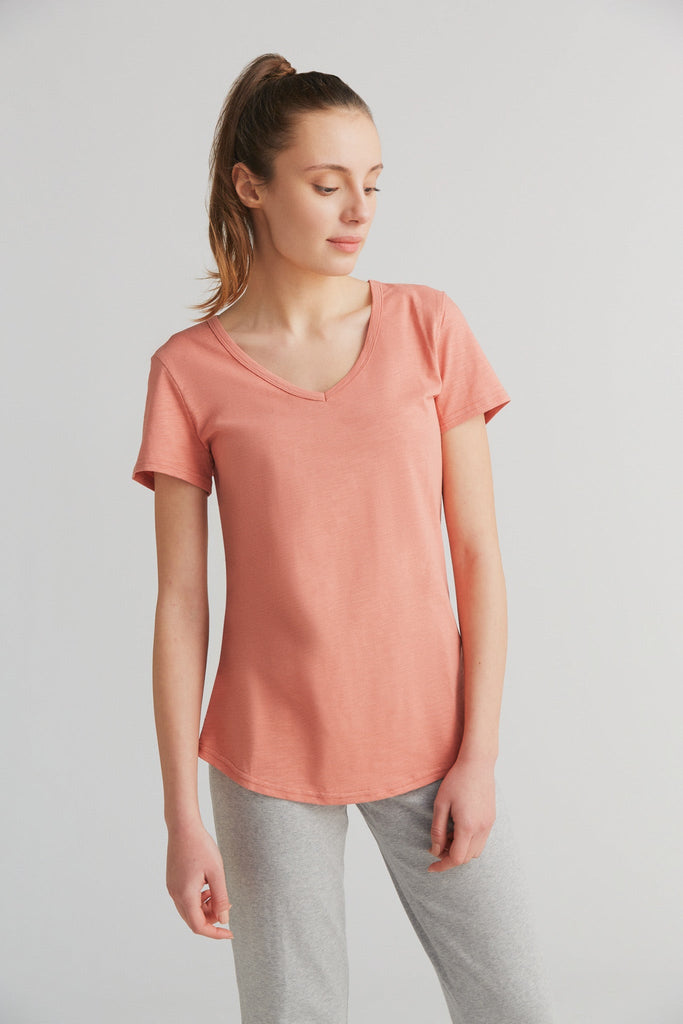 1223-053 | Damen Flammé V-Neck T-Shirt - Lachsrot