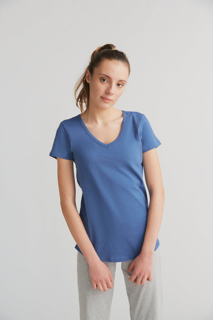 1223-054 | Damen Flammé V-Neck T-Shirt - Enzianblau